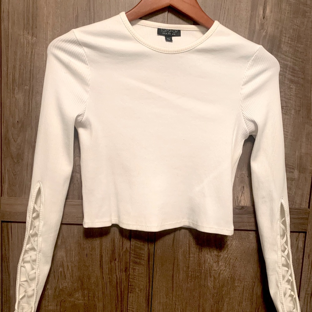 Topshop women’s white crop top with ribbon sleeves
